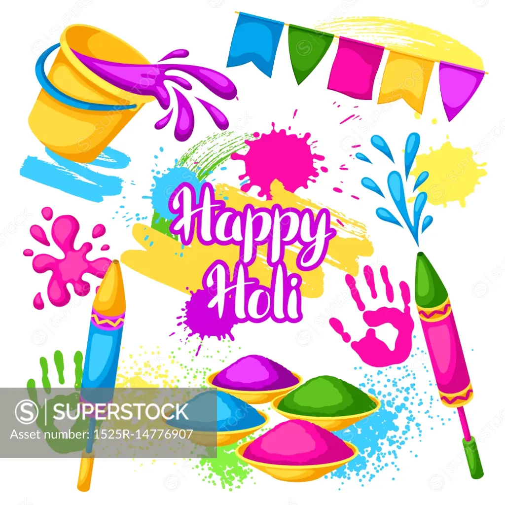 Happy Holi set of elements. Buckets with paint, water guns, flags, blots and stains.