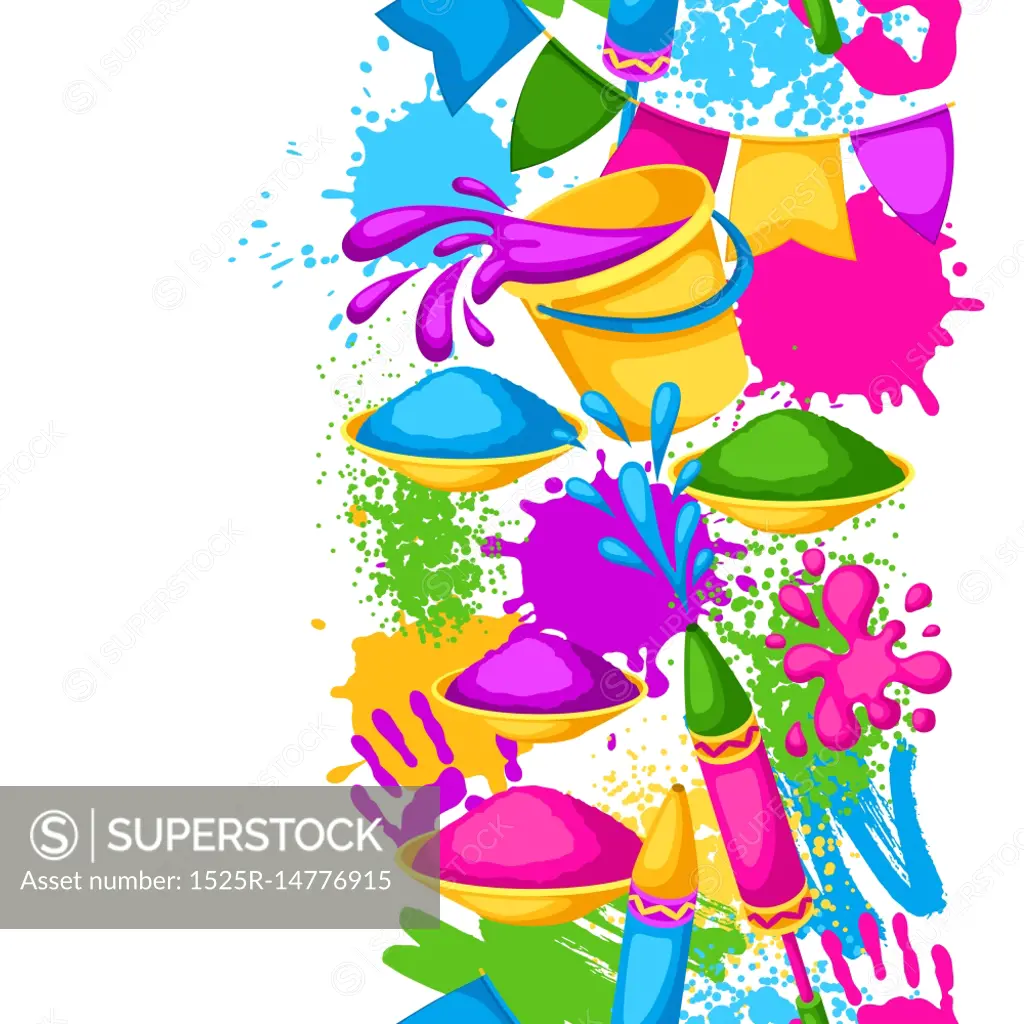 Happy Holi colorful seamless border. Illustration of buckets with paint, water guns, flags, blots and stains.