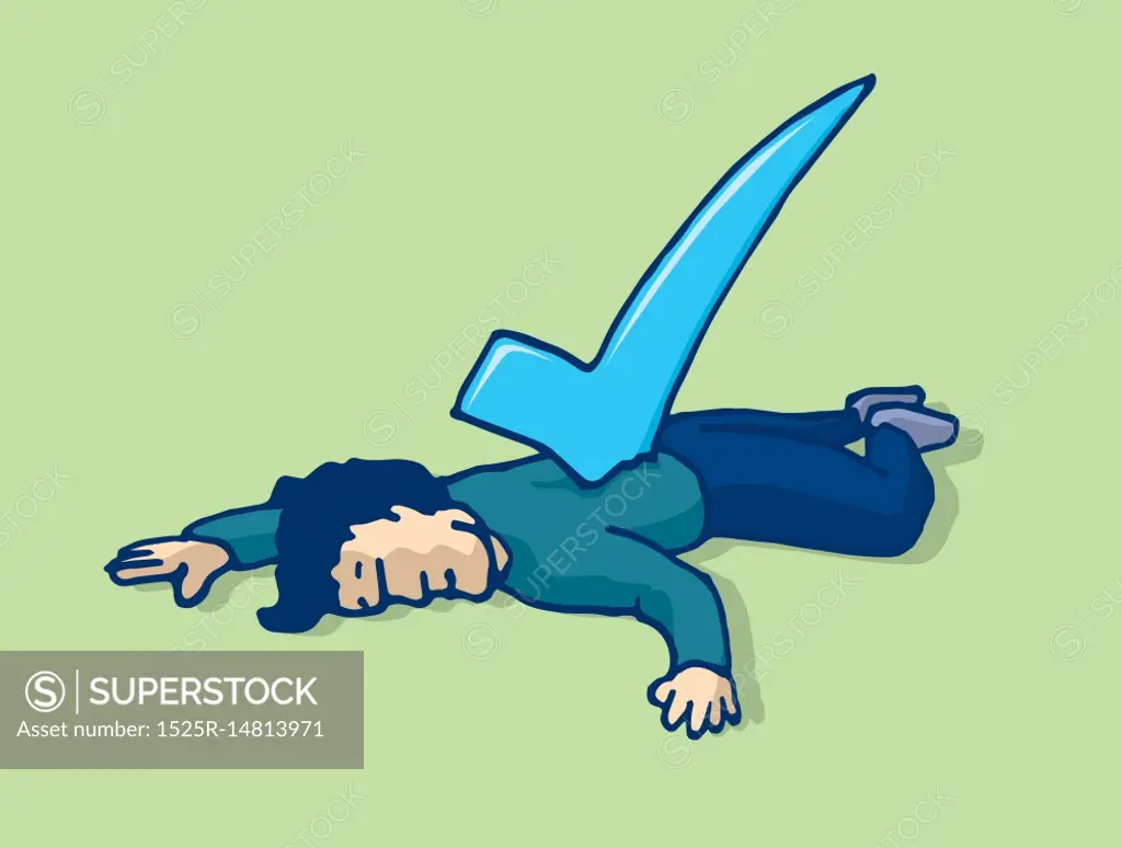Cartoon illustration of fallen man stabbed with checked mark