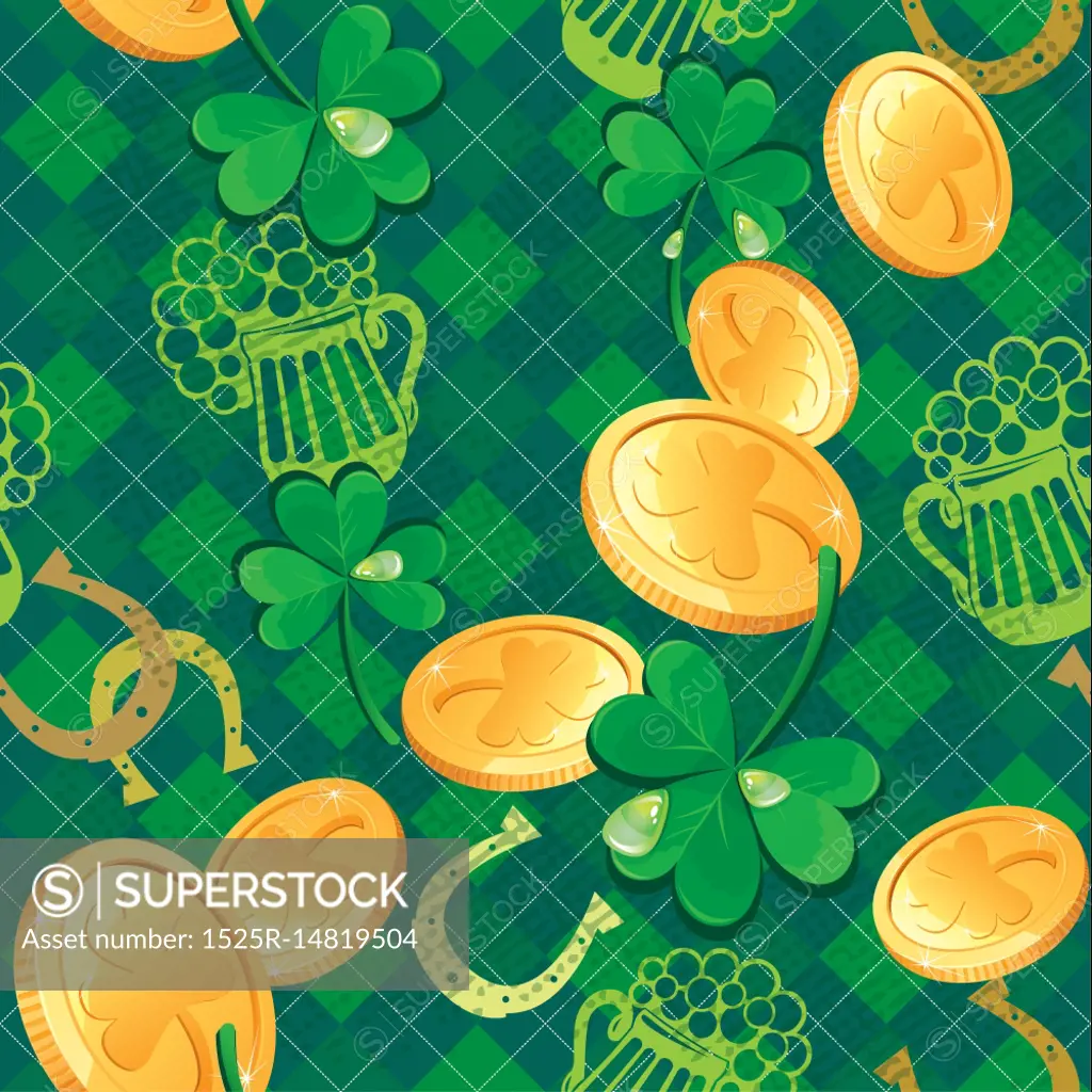 Seamless Saint Patrick day pattern. Shamrock and golden coins on checkered background