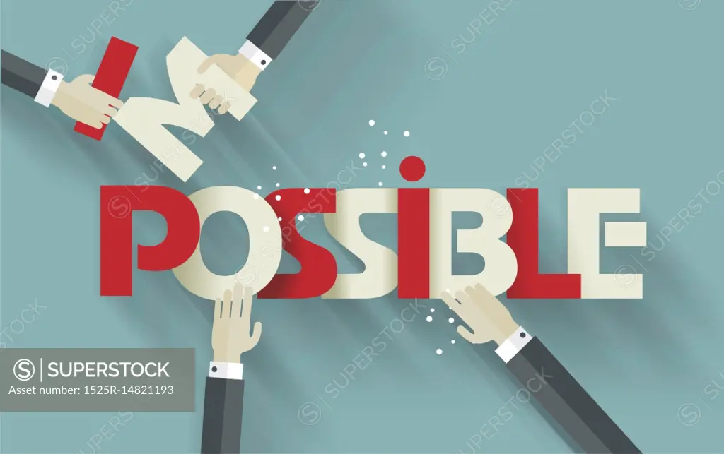 Businessmen  hands breaking up a sign saying - Impossible - conceptual of successfully overcoming problems and challenges and positive attitude , retro  look.