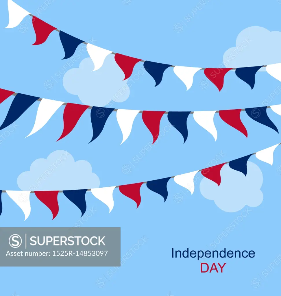 Flags USA Set Bunting Red White Blue for Independence Day 4th of July. Patriotic Symbolic Decoration for Celebration Backgrounds - Vector
