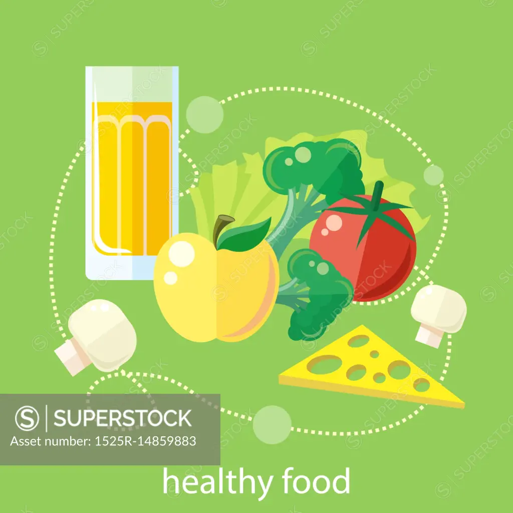 Organic health food products in flat design. Green healthy life concept icons.. Organic health food
