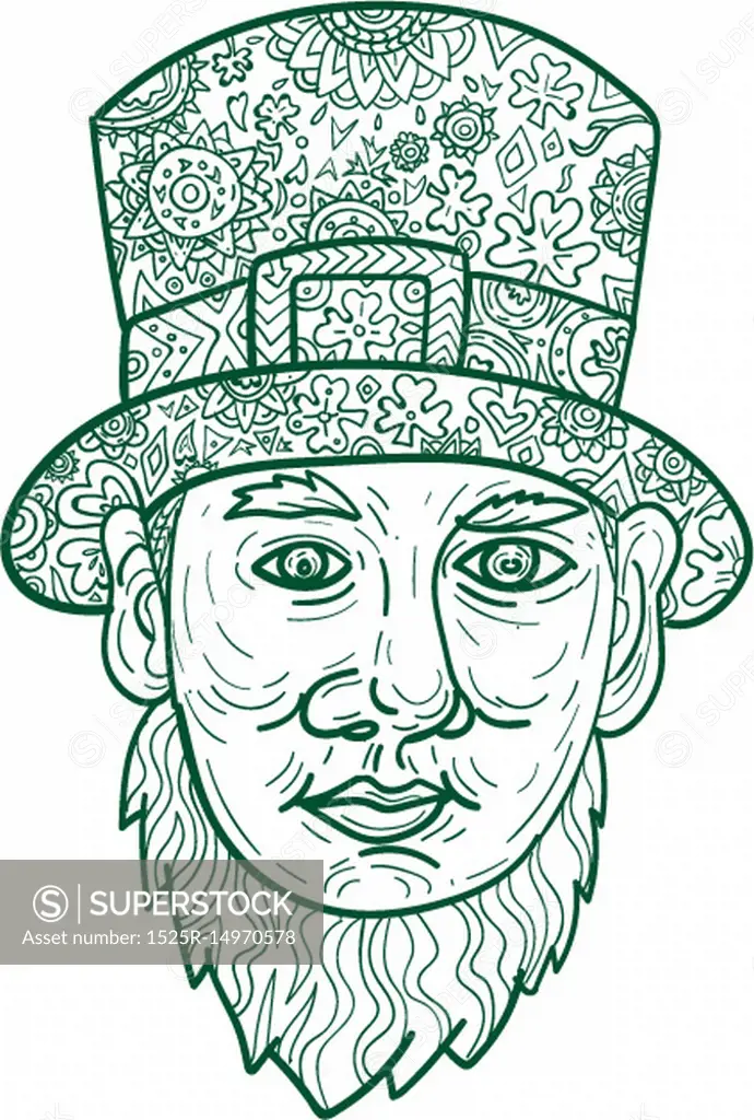 Mandala style illustration of a head of a leprechaun, a type of fairy in Irish folklore, with beard and a top hat viewed from front set on isolated white background. . Leprechaun Head Front Mandala