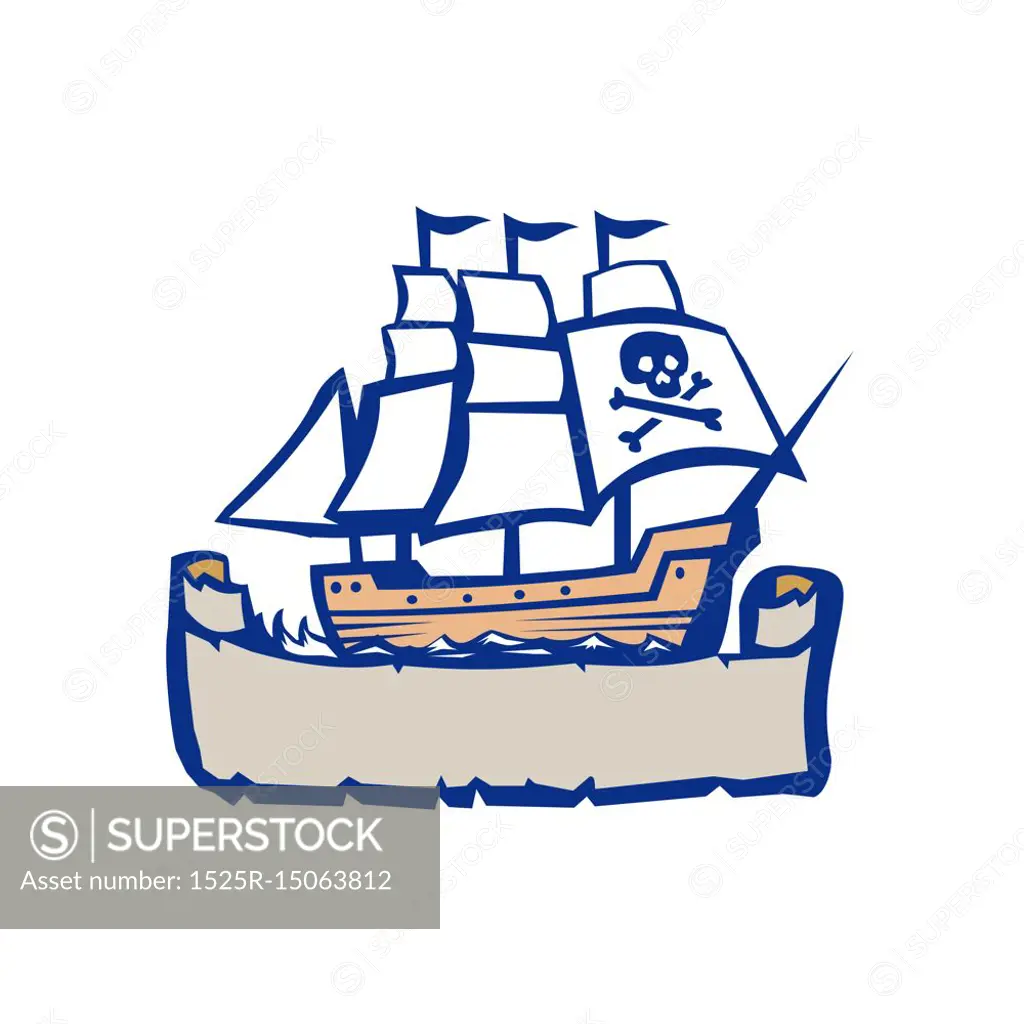 Illustration of a Pirate sailing galleon Ship with ribbon scroll below on  isolated backgroundl done in Retro style.. Pirate Galleon Ship Sailing  Retro - SuperStock