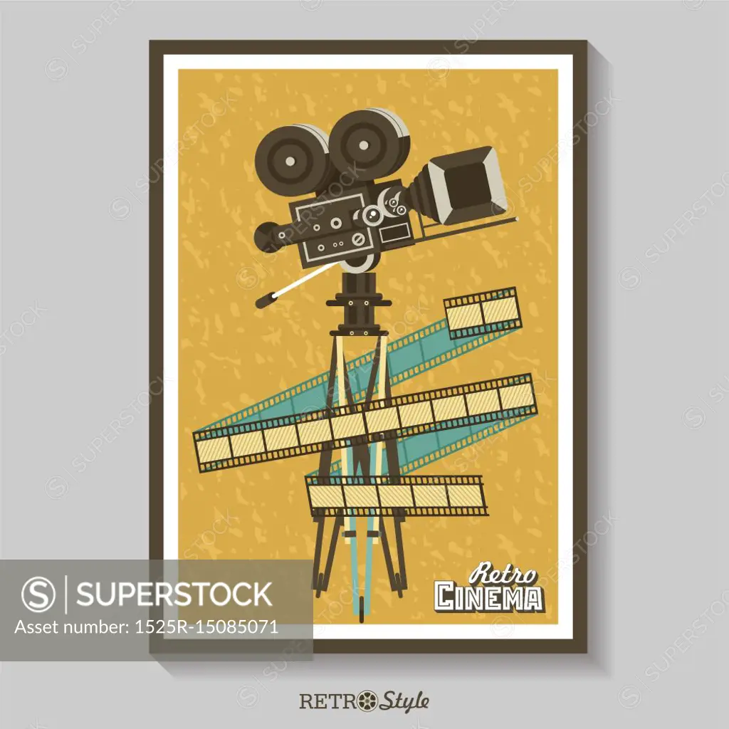 Vintage film camera. Vector poster retro movie theater with place