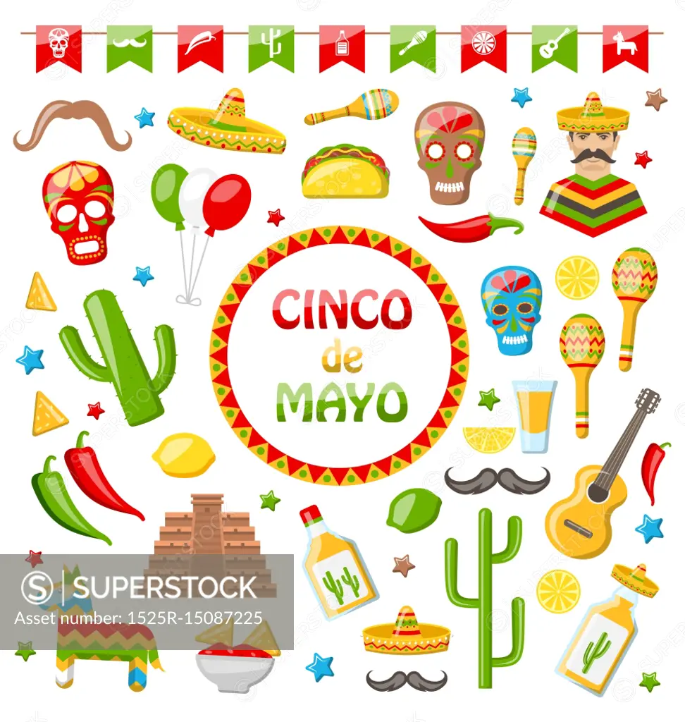 Collection of Mexican Icons Isolated on White Background. Illustration Collection of Mexican Icons Isolated on White Background. Objects and Symbols for Cinco de Mayo - Vector