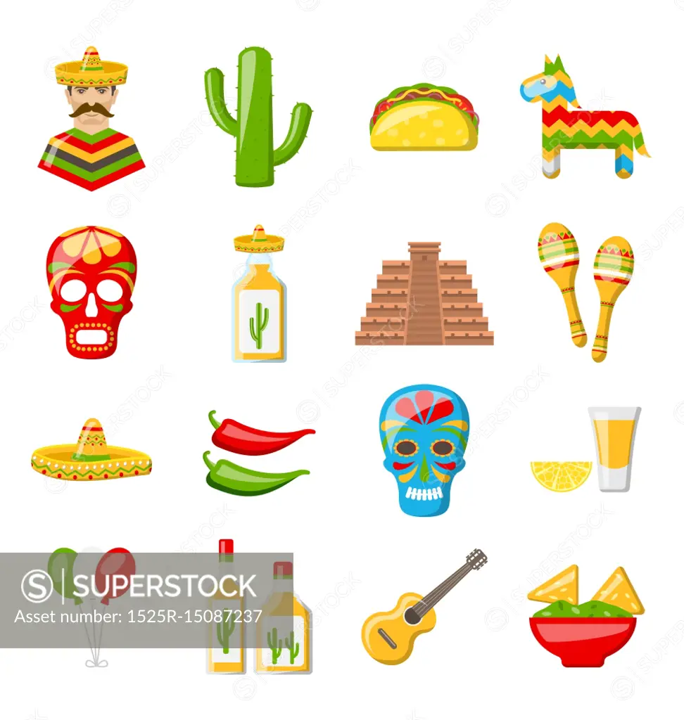 Set of Mexico Icons Isolated on White Background. Illustration Set of Mexico Icons Isolated on White Background. Mexican Objects and Symbols - Vector