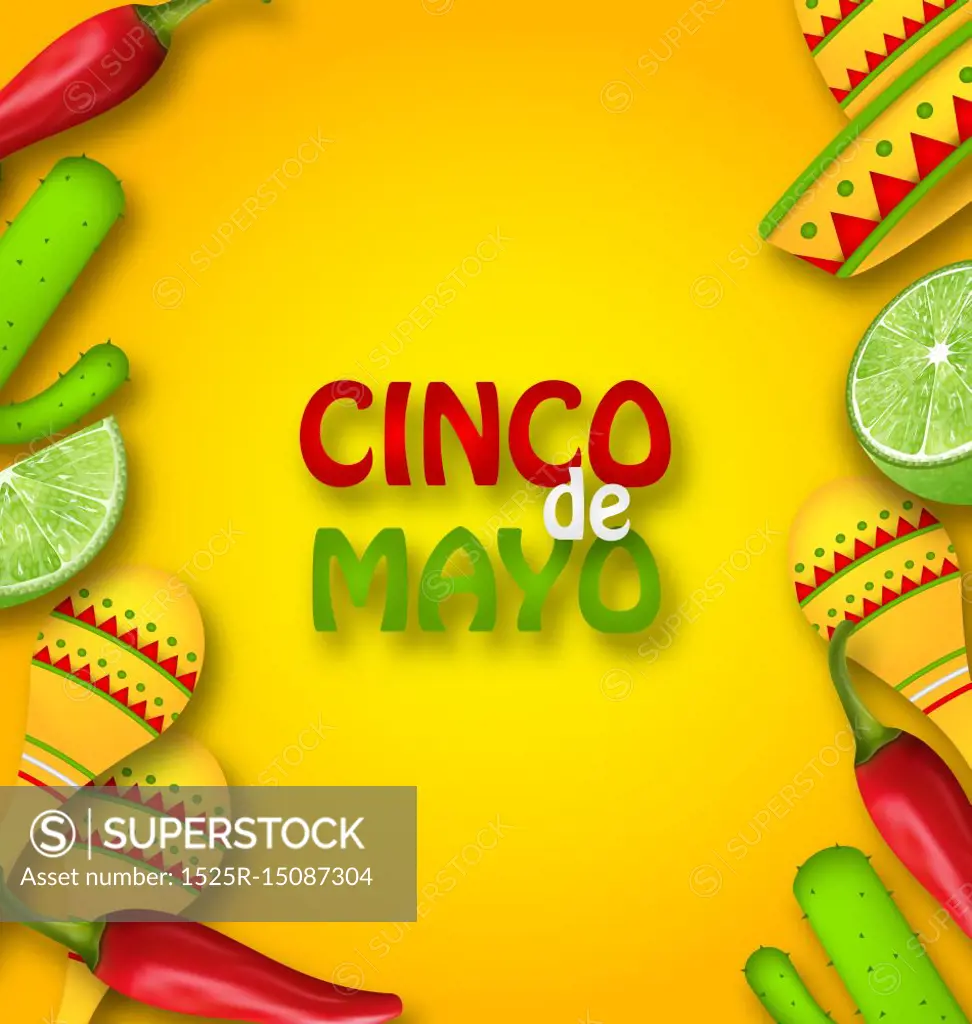 Cinco De Mayo Background with Mexican Traditional Symbols. Illustration Cinco De Mayo Background with Mexican Traditional Symbols. Chili Pepper, Sombrero Hat, Maracas, Piece of Lime, Cactus - Vector