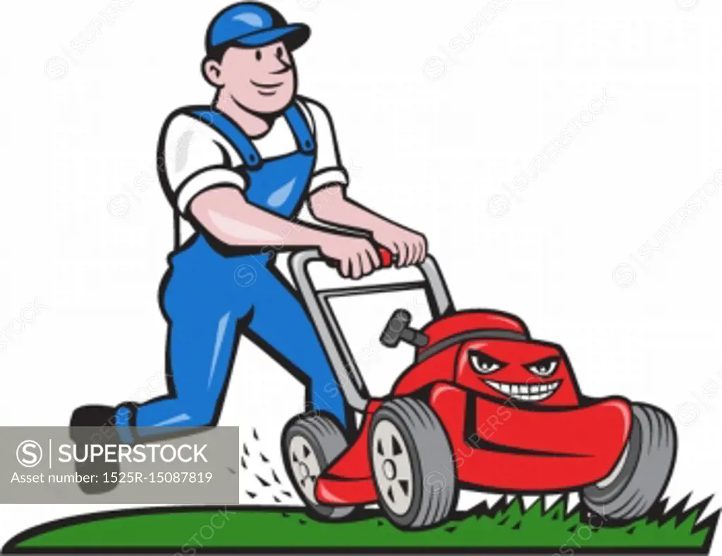 Illustration of a gardener wearing hat and overalls with lawnmower