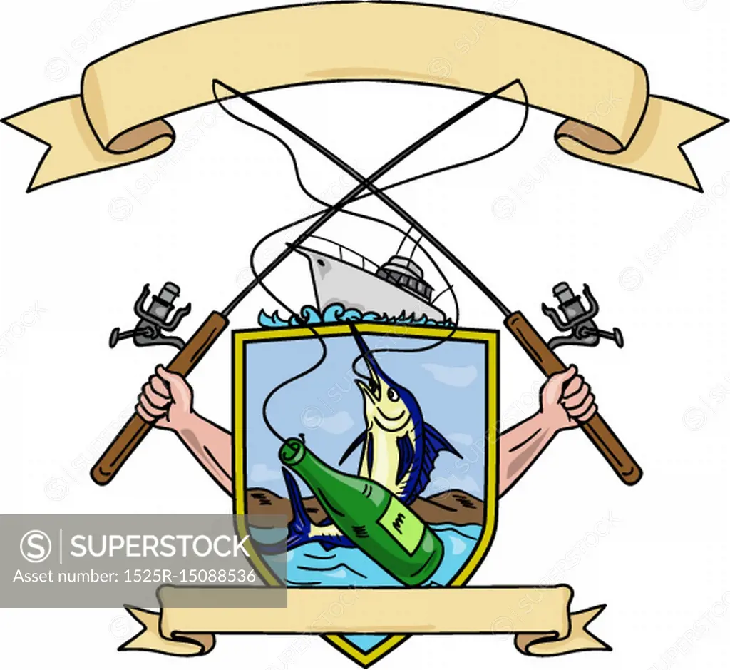 Drawing sketch style illustration of hand holding fishing rod and reel  hooking a beer bottle and blue marlin fish with deep sea fishing boat on  side set inside crest shield shape coat