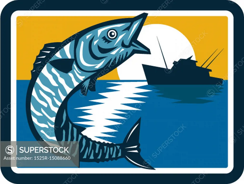 Illustration of a wahoo , Acanthocybium solandri, a scombrid fish jumping up with sea and fishing boat in the background set inside square shape done in retro style.
