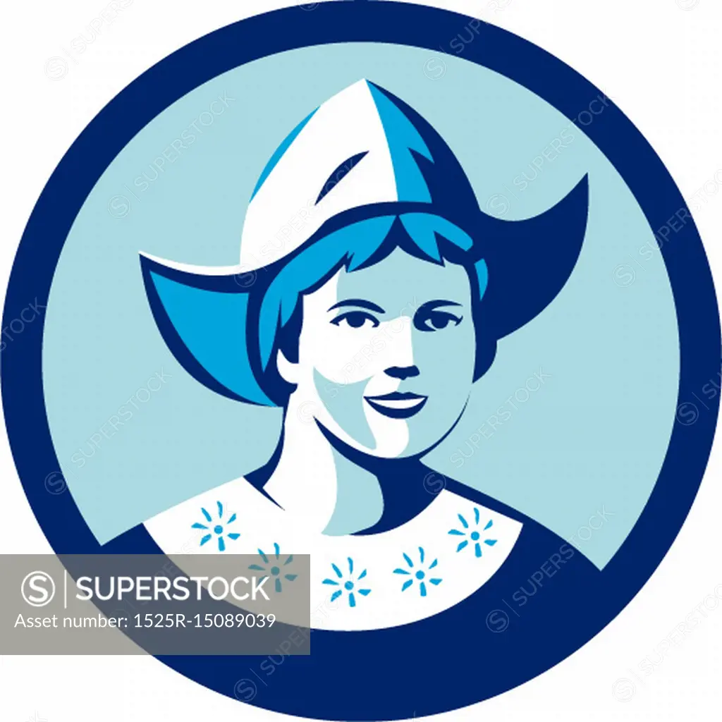 Illustration of a Dutch lady wearing traditional dutch cap or dutch bonnet that resemble a nurse's hat facing front set inside circle done in retro style.