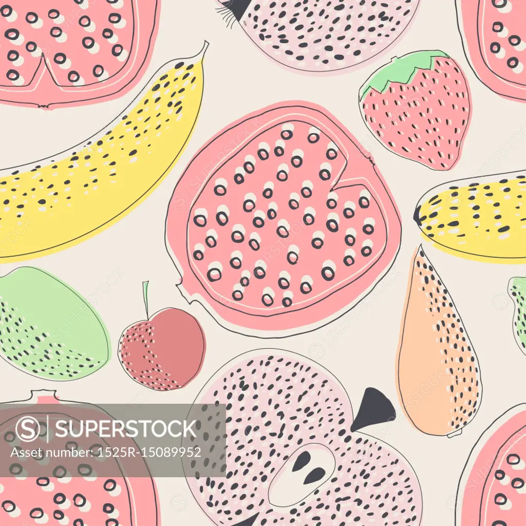 Seamless pattern with fruit. Colorful seamless pattern with fruits and vegetables: pomegranate, banana, apple, cherry, strawberry, carrot. Stock vector