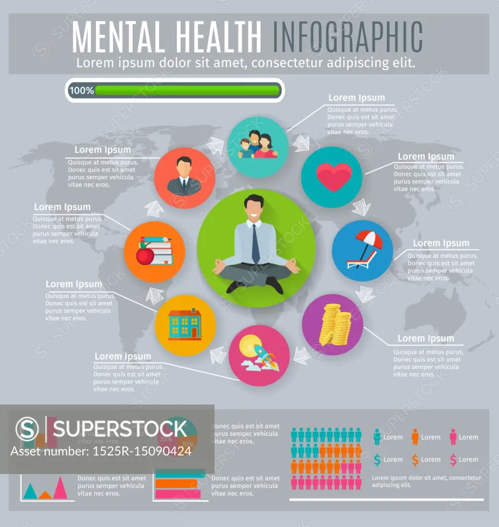 Mental health infographic presentation design. Mental health regaining and maintaining stress level main principles circle diagram infographic presentation layout abstract  vector illustration