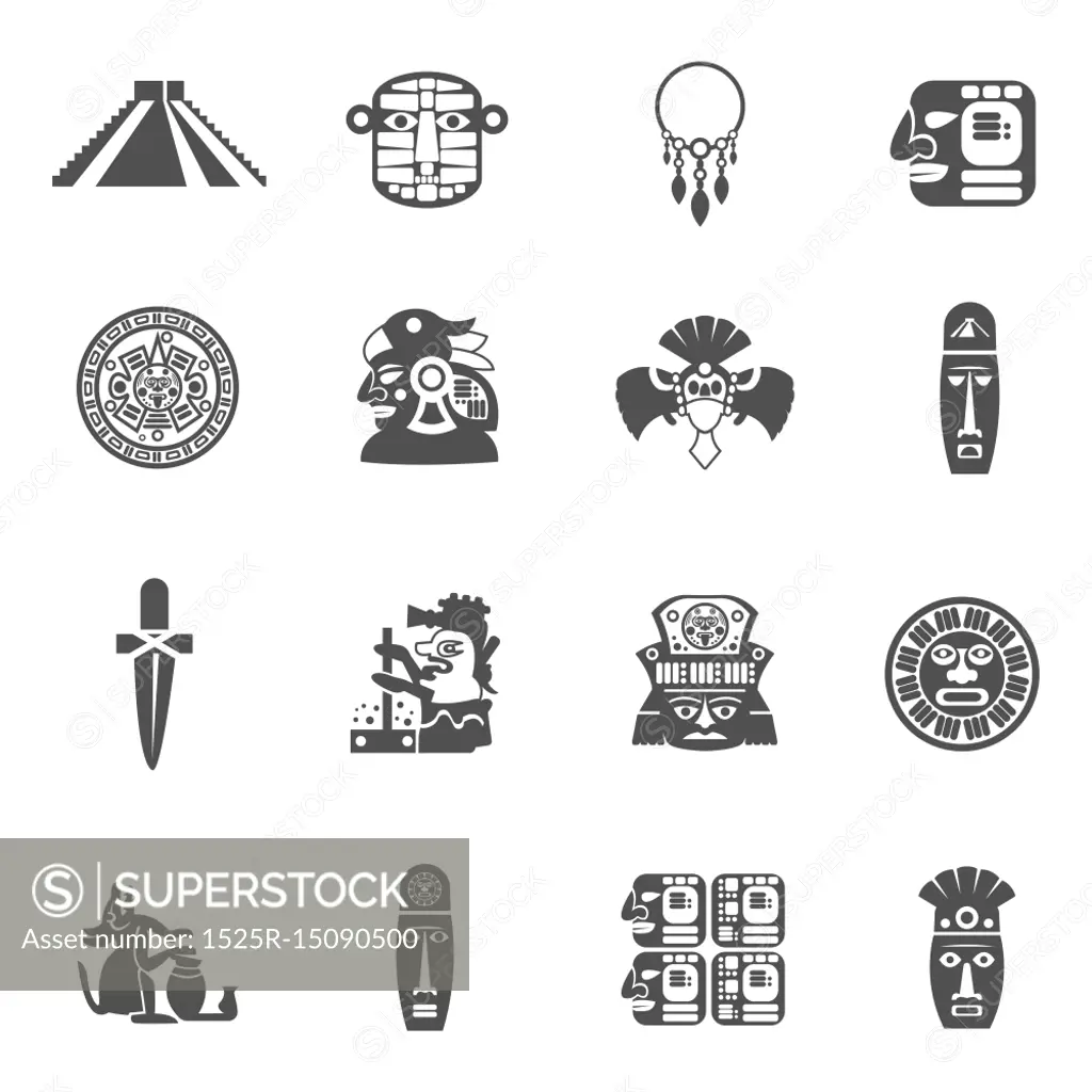 Maya icons black set with traditional mexican indian culture symbols  isolated vector illustration. Maya Icons Black - SuperStock