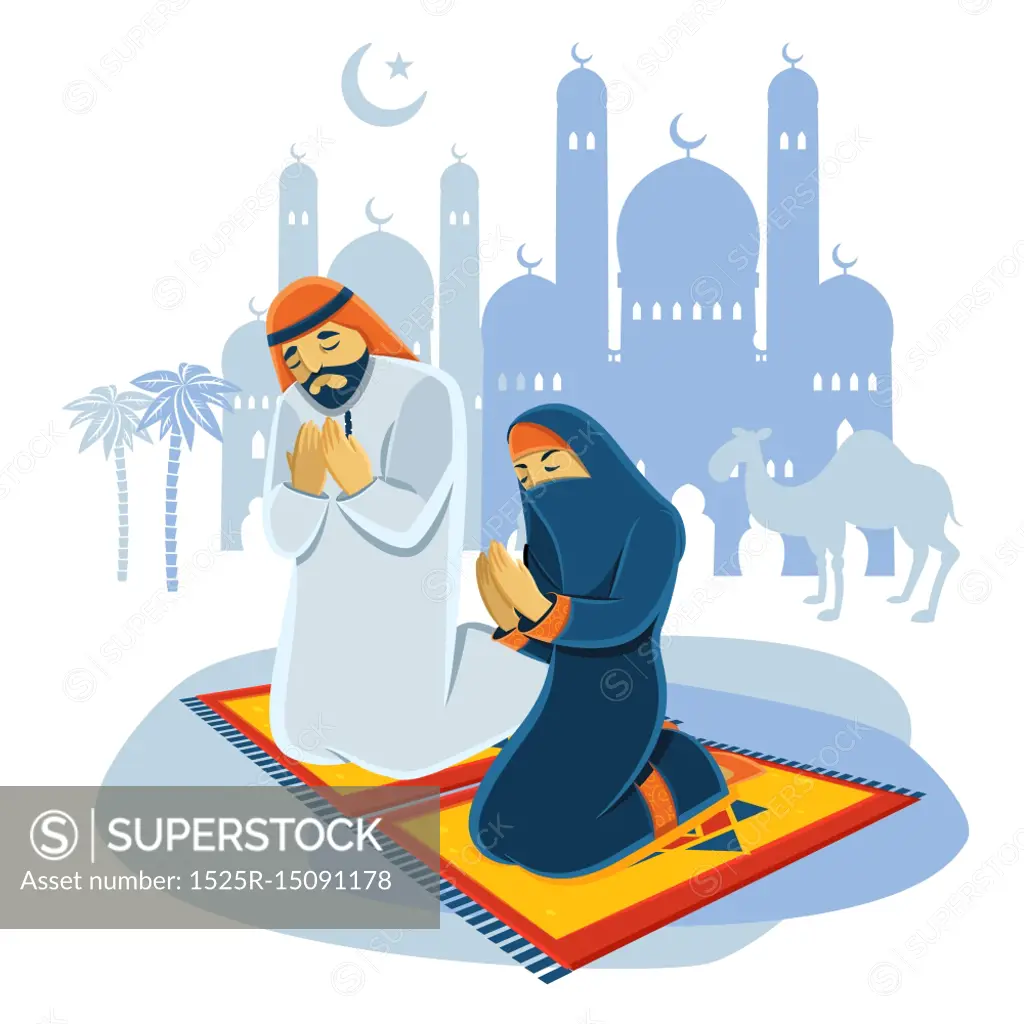  Praying Muslim Concept . Praying muslim man and woman concept with camel and mosque flat vector illustration 