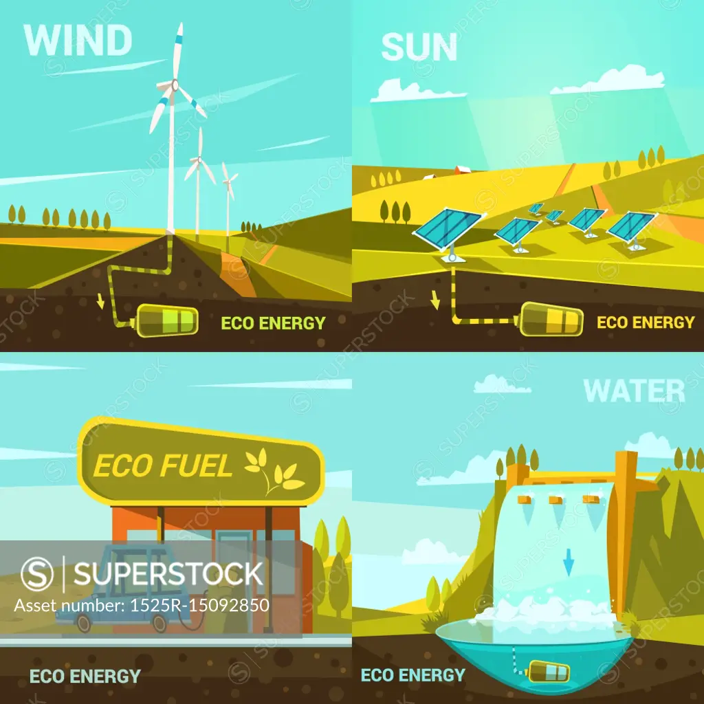 Ecological energy cartoon set. Ecological energy design concept set with retro cartoon wind sun and water power elements isolated vector illustration
