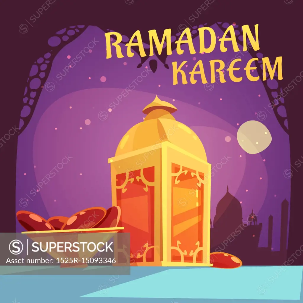 Ramadan Iftar Illustration. Color cartoon illustration with purple background depicting ramadan iftar kareem vector illustration