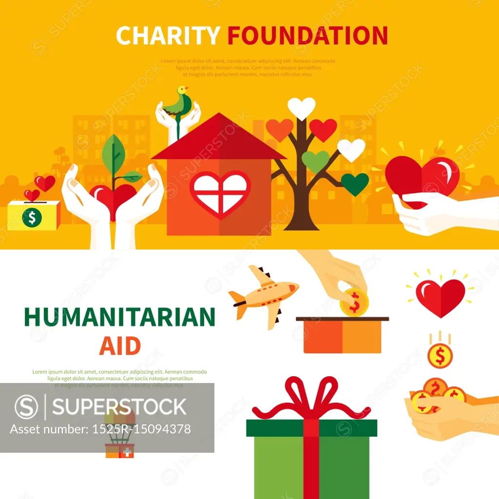 Charity Foundations 2 Flat Banners Set. Charity foundations for humanitarian aid 2 flat horizontal banners set with heart and donation symbols abstract vector illustration 