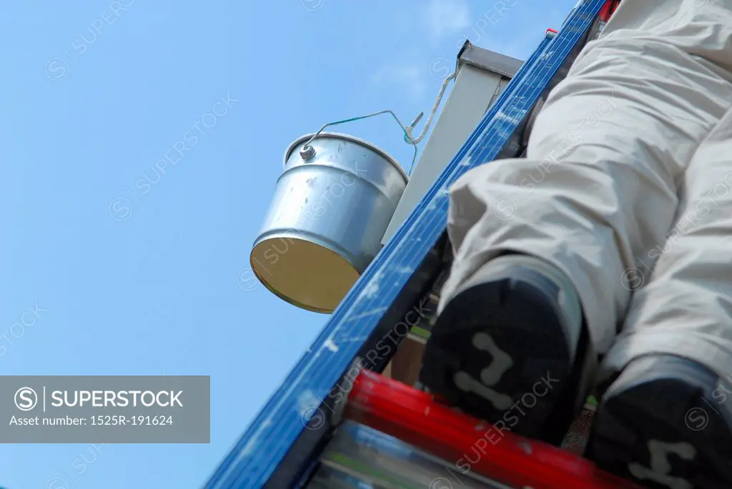 Low angle view of man on ladder painting building