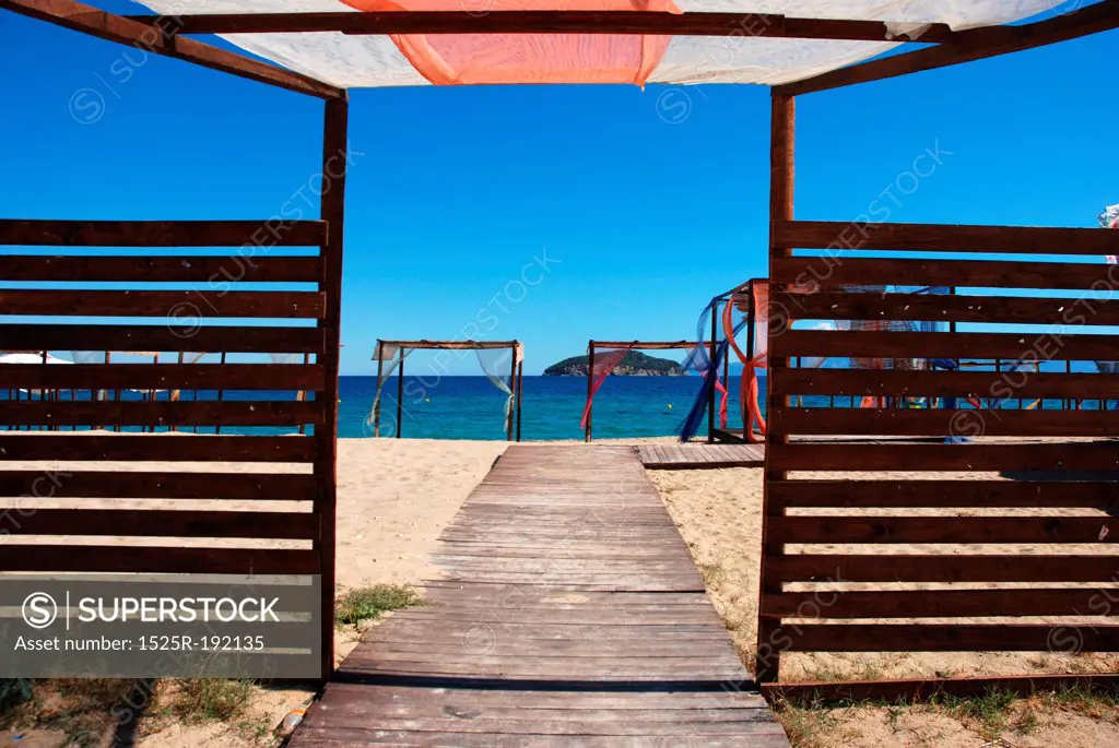 Summery shaded resting areas on beach, Greece