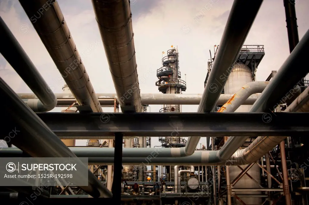 Low angle view of piping at an Oil Refinery.