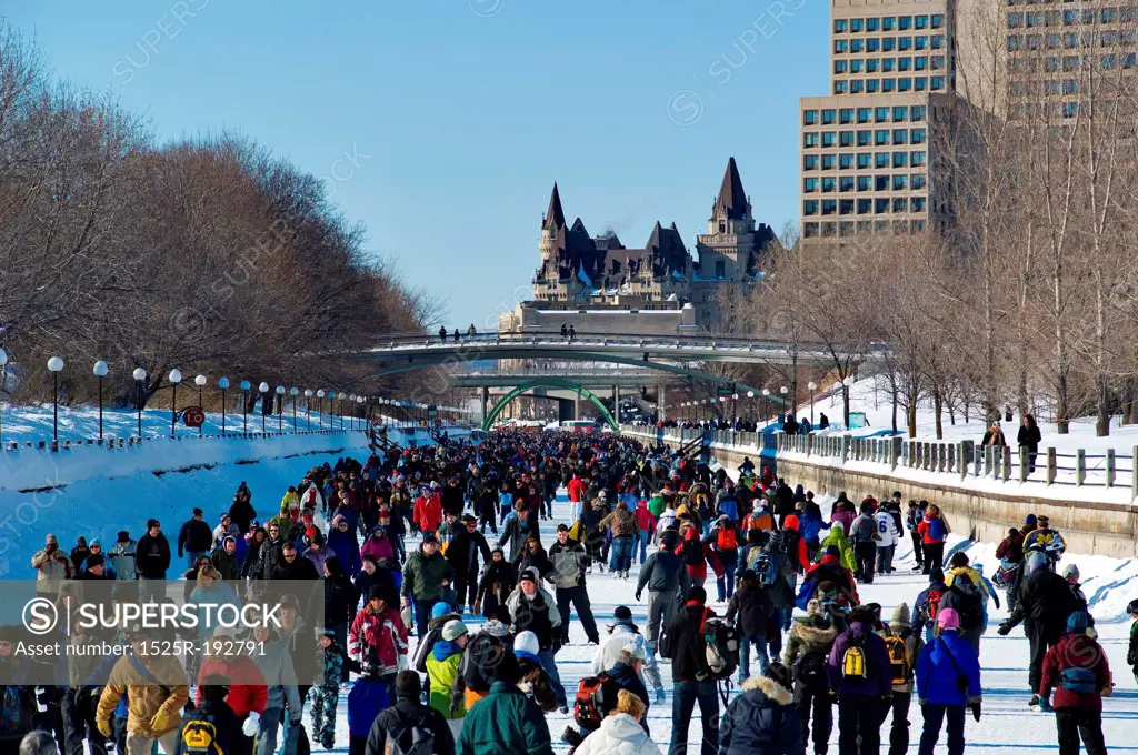 Canadian Winterlude skaters on the Rideau canal, Ottawa Canada