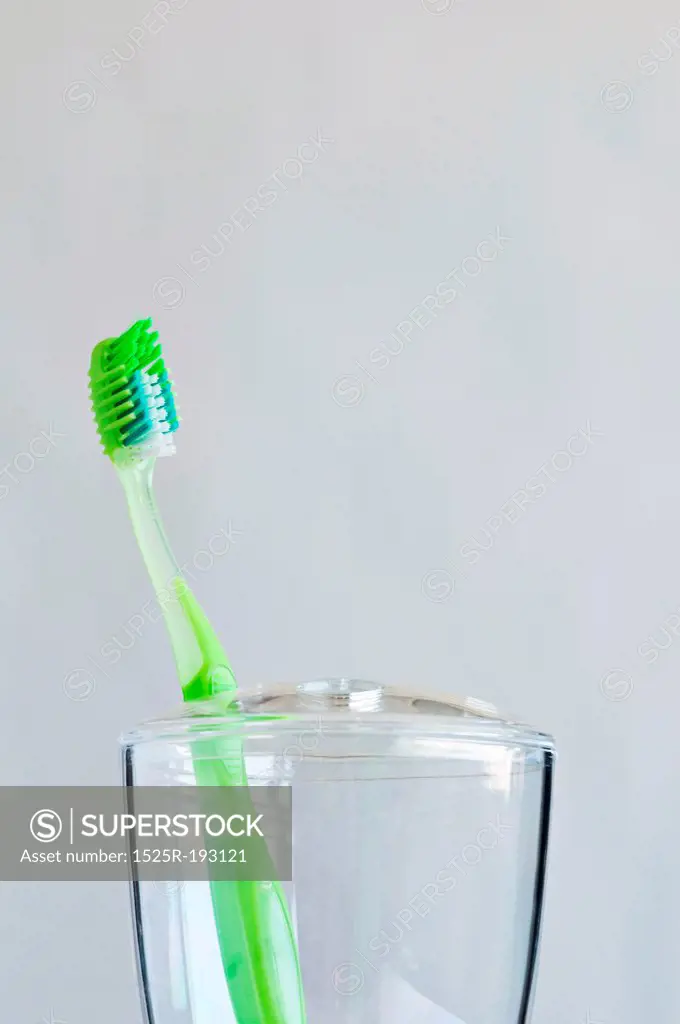 Single green toothbrush in bathroom toothbrush holder.