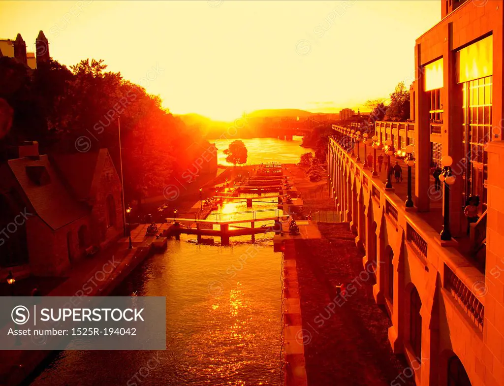 Rideau Canal locks at sunset.