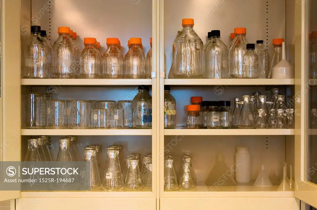 Scientific beakers and bottles in a cabinet.