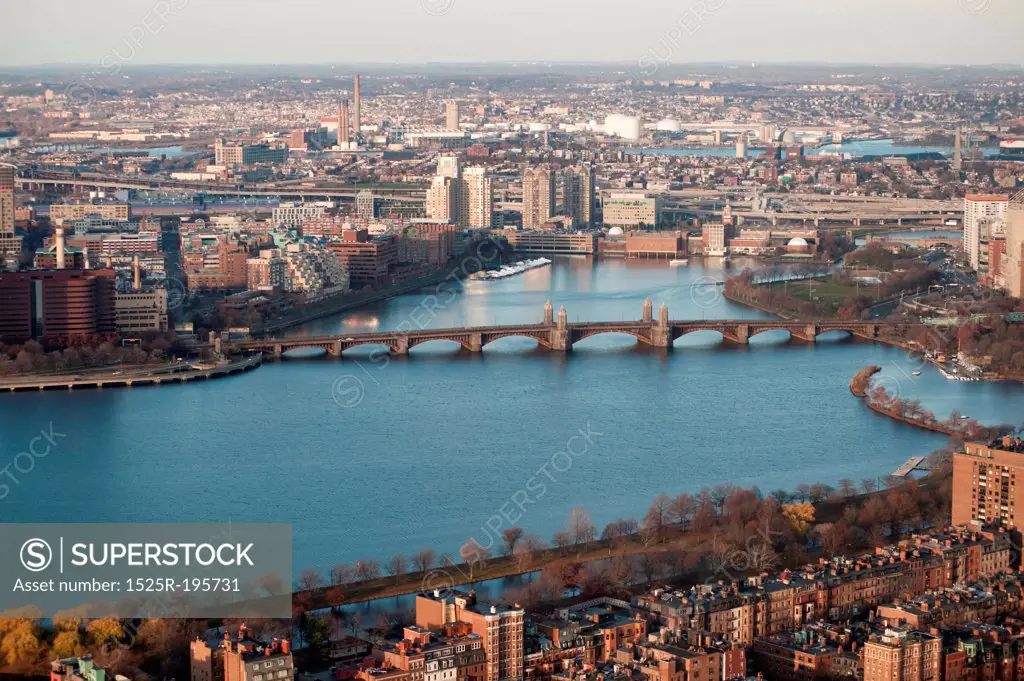 Aerial view of the Longfellow Bridge in Boston, Massachusetts, USA