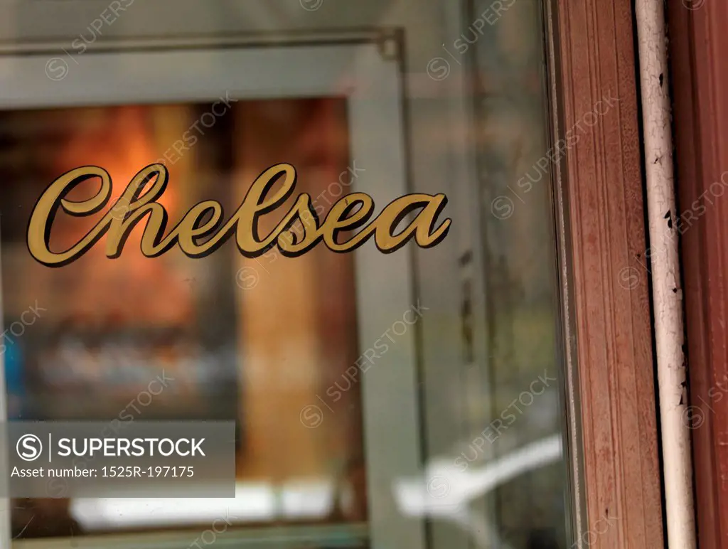 Chelsea sign on a window in Manhattan, New York City, U.S.A.