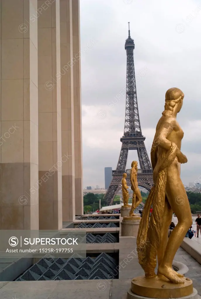 Chaillot Palace Gilded Statues and Eiffel Tower in Paris France