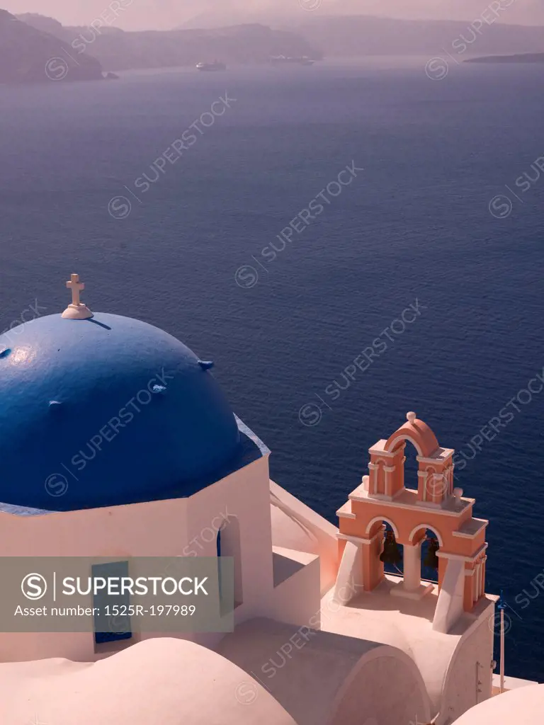 Blue dome on building in Santorini Greece