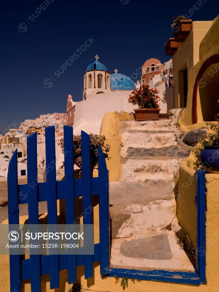 Blue gate in Santorini Greece