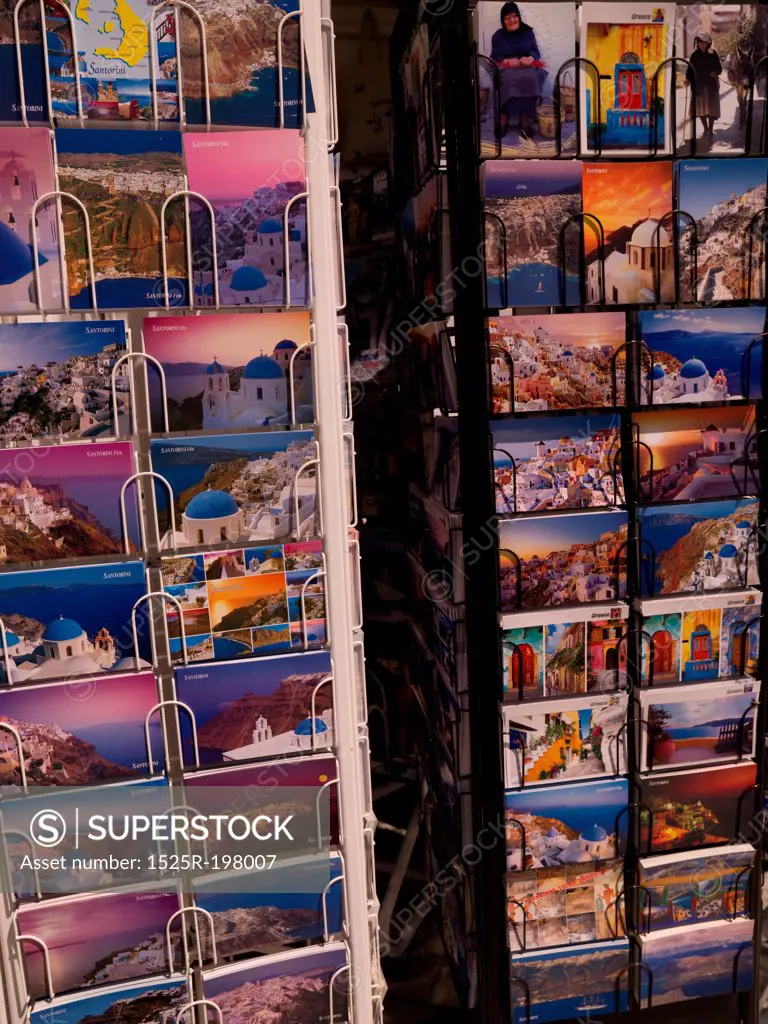 Rack of postcards in Santorini Greece