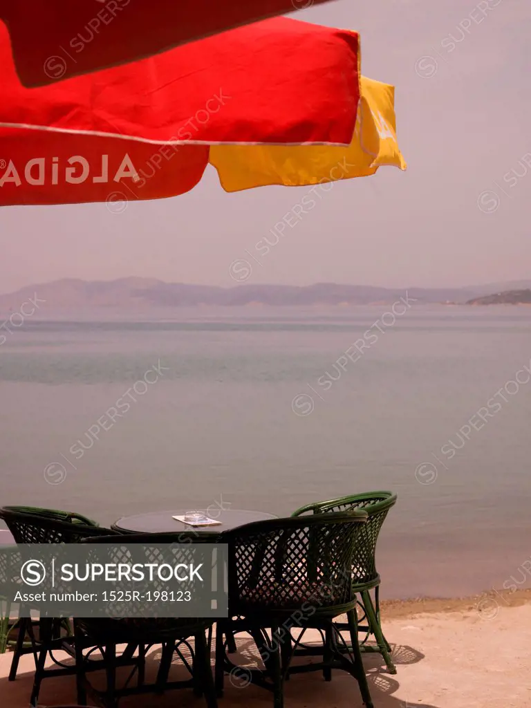 Patio furniture along seashore in Kusadasi Turkey