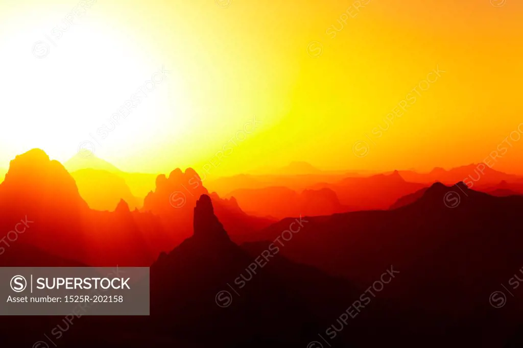 Sunrise over Sahara Desert, Hoggar mountains, Algeria