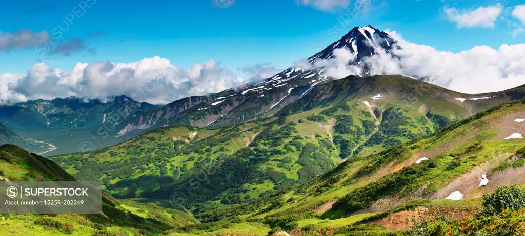 Mountain panorama with extinct volcano, Kamchatka, Russia