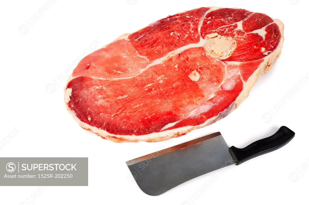 Piece of meat and knife isolated on white