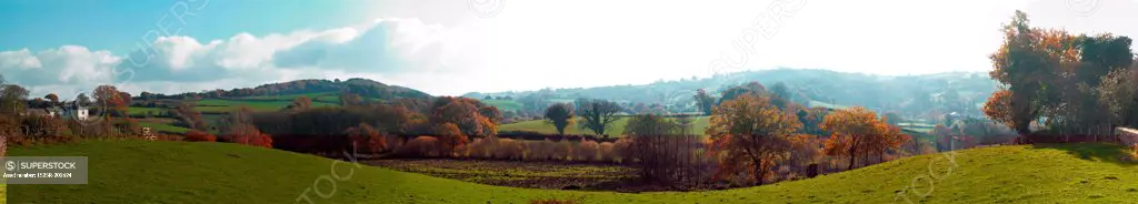 Panoramic view of autumnal country-side in Chagford Devon