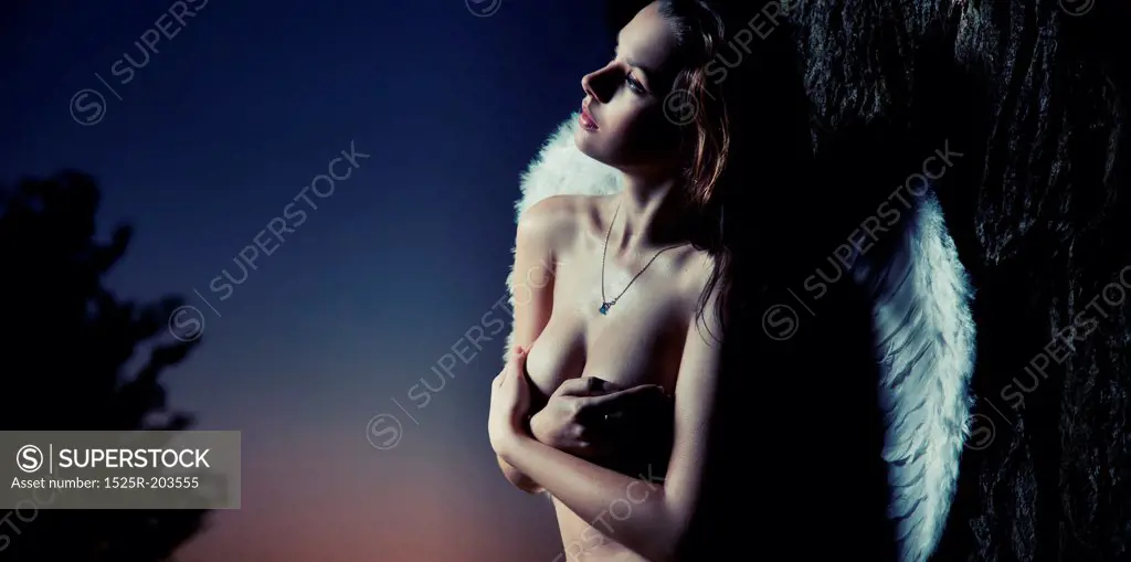 Silhouette of a beautiful young woman with angel wings