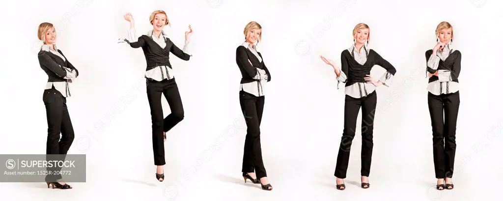 Five young happy businesswoman different poses
