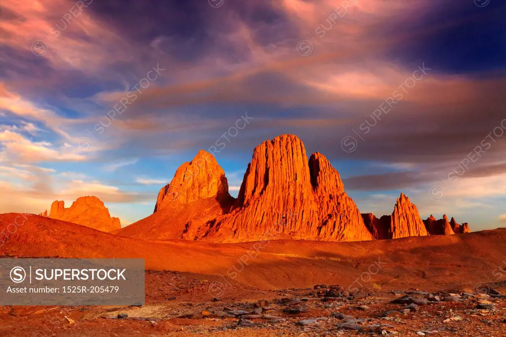 Sunset in Sahara Desert, Hoggar mountains, Algeria