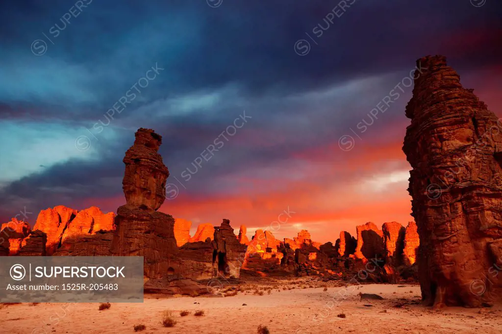 Dramatic sunrise in Sahara Desert, Tassili N'Ajjer, Algeria