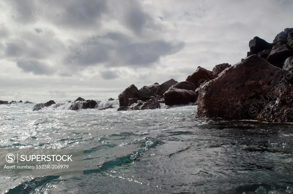 Rock formations on the coast, Playa Ochoa, San Cristobal Island, Galapagos Islands, Ecuador