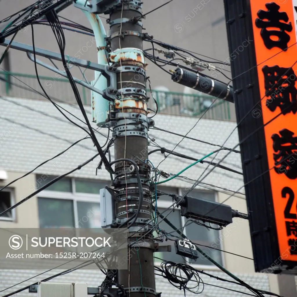 Low angle view of an electric pole, Tokyo, Japan