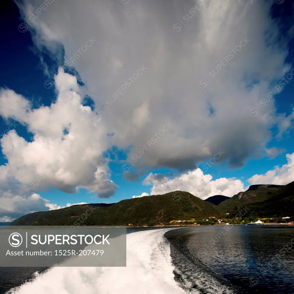 Wake in a Fjord made from a moving boat, Sognefjord, Norway