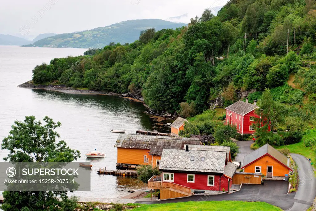 Houses at waterfront, Hardanger, Hardangerfjord, Hardangervidda, Hardanger, Norway